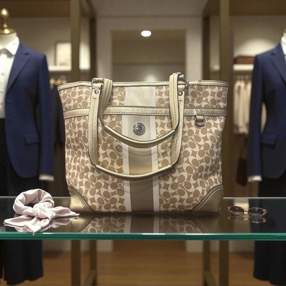 Coach Tan and Cream Signature Tote - Picture 1 of 1